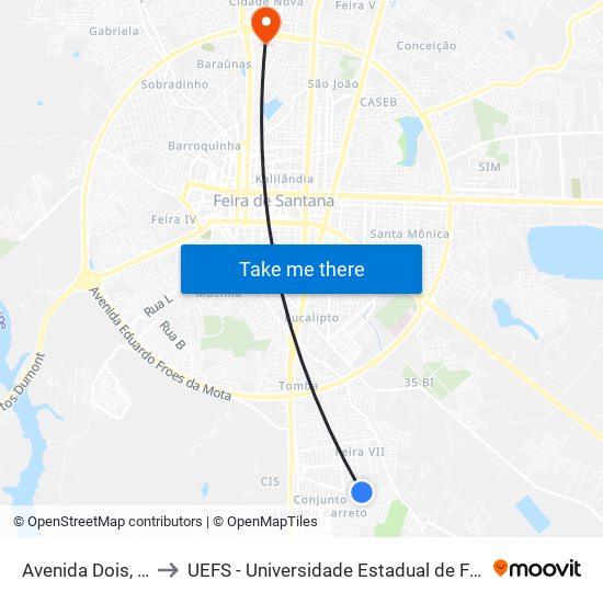 Avenida Dois, 84-126 to UEFS - Universidade Estadual de Feira de Santana map