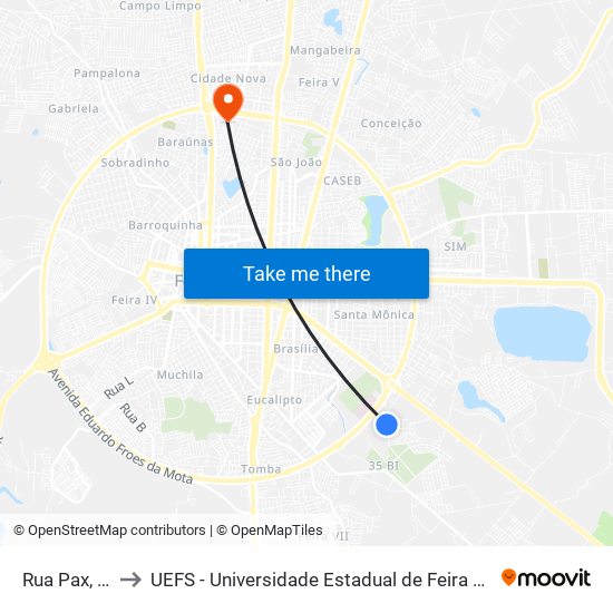 Rua Pax, 314 to UEFS - Universidade Estadual de Feira de Santana map