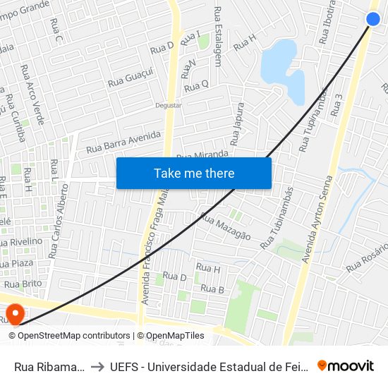 Rua Ribamar, 165 to UEFS - Universidade Estadual de Feira de Santana map