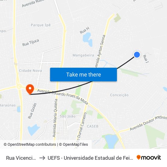 Rua Vicencia, 352 to UEFS - Universidade Estadual de Feira de Santana map