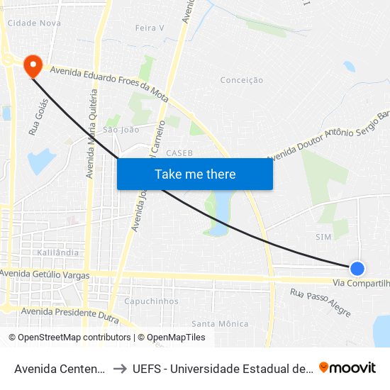 Avenida Centenário, 1044 to UEFS - Universidade Estadual de Feira de Santana map