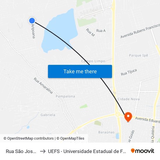 Rua São José, 2014 to UEFS - Universidade Estadual de Feira de Santana map