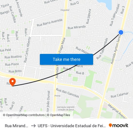 Rua Miranda, 556 to UEFS - Universidade Estadual de Feira de Santana map