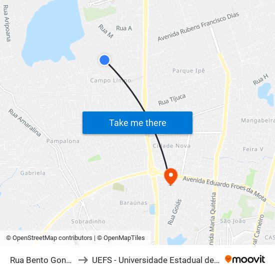 Rua Bento Gonçalves, 23 to UEFS - Universidade Estadual de Feira de Santana map