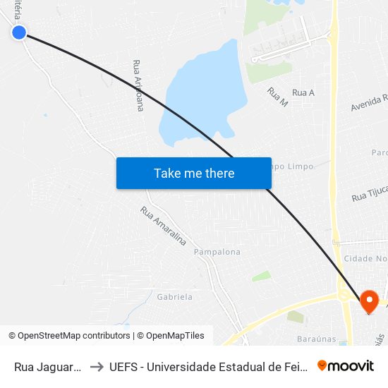 Rua Jaguara, 100 to UEFS - Universidade Estadual de Feira de Santana map