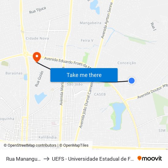 Rua Mananguape, 78 to UEFS - Universidade Estadual de Feira de Santana map