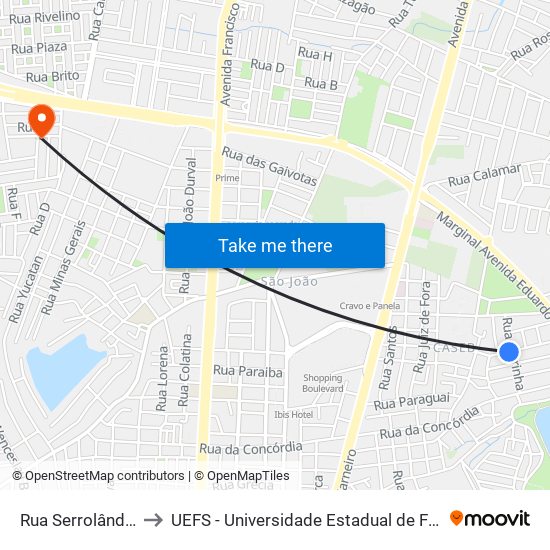 Rua Serrolândia, 88 A to UEFS - Universidade Estadual de Feira de Santana map