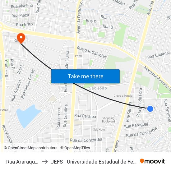 Rua Araraquara, 10 to UEFS - Universidade Estadual de Feira de Santana map