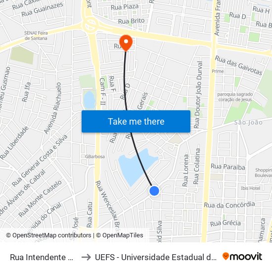 Rua Intendente Abdon, 636 to UEFS - Universidade Estadual de Feira de Santana map