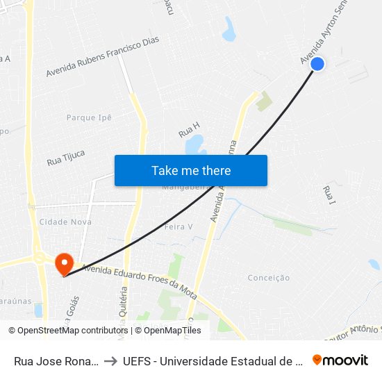 Rua Jose Ronaldo, 180 to UEFS - Universidade Estadual de Feira de Santana map