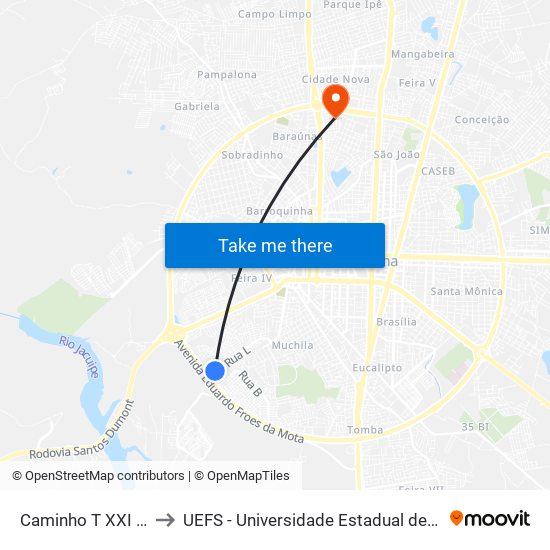 Caminho T XXI Feira X, 2 to UEFS - Universidade Estadual de Feira de Santana map