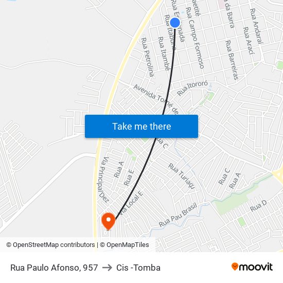 Rua Paulo Afonso, 957 to Cis -Tomba map