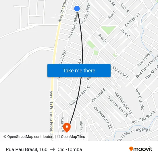 Rua Pau Brasil, 160 to Cis -Tomba map