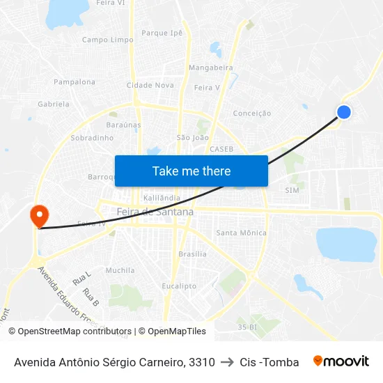 Avenida Antônio Sérgio Carneiro, 3310 to Cis -Tomba map