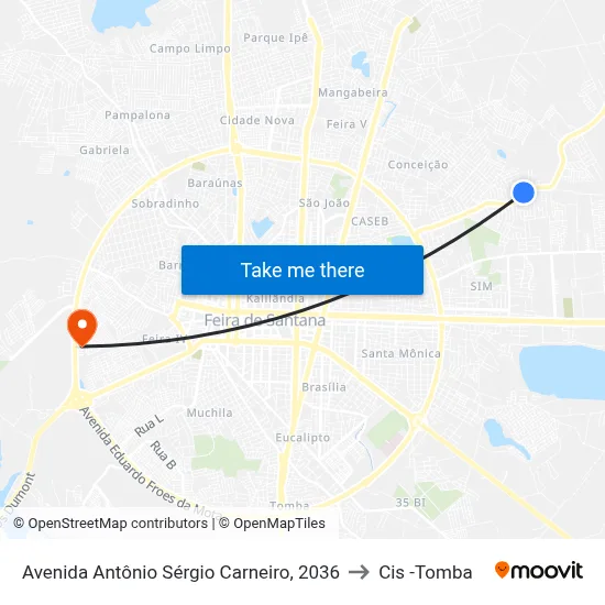 Avenida Antônio Sérgio Carneiro, 2036 to Cis -Tomba map