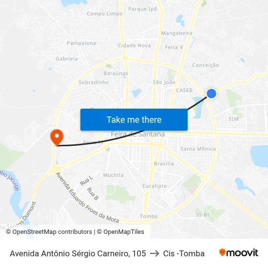 Avenida Antônio Sérgio Carneiro, 105 to Cis -Tomba map