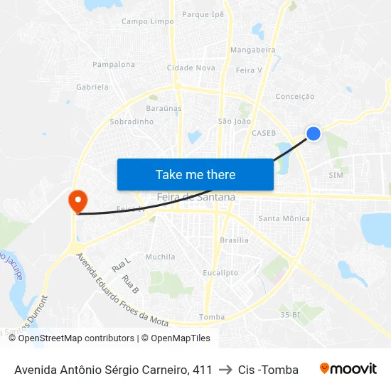 Avenida Antônio Sérgio Carneiro, 411 to Cis -Tomba map
