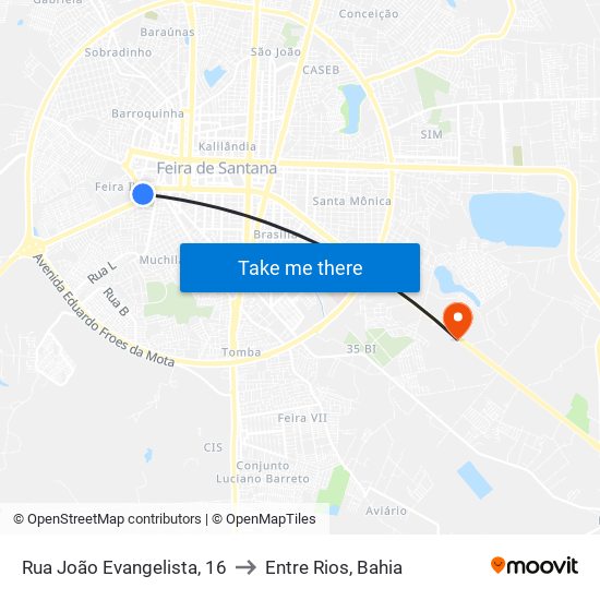 Rua João Evangelista, 16 to Entre Rios, Bahia map