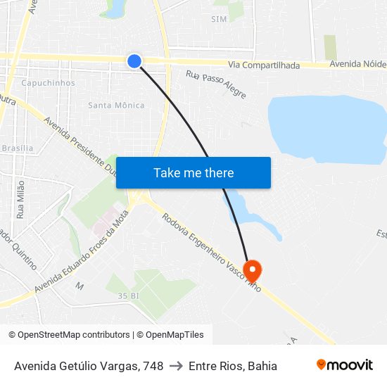 Avenida Getúlio Vargas, 748 to Entre Rios, Bahia map