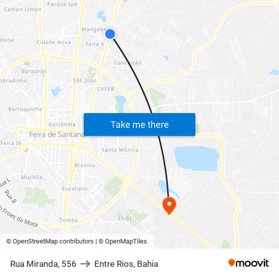 Rua Miranda, 556 to Entre Rios, Bahia map