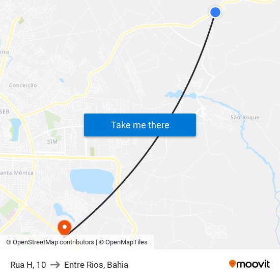 Rua H, 10 to Entre Rios, Bahia map