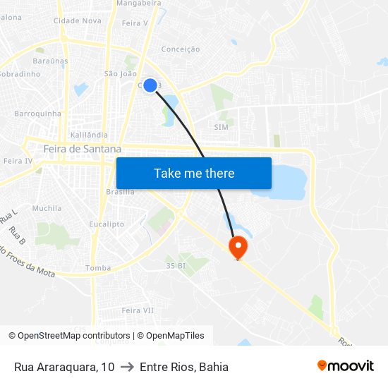 Rua Araraquara, 10 to Entre Rios, Bahia map