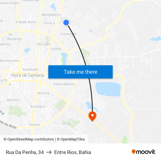 Rua Da Penha, 34 to Entre Rios, Bahia map