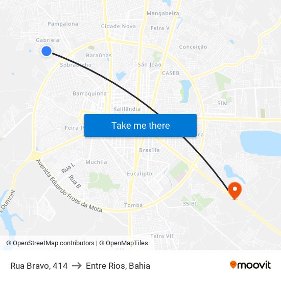 Rua Bravo, 414 to Entre Rios, Bahia map