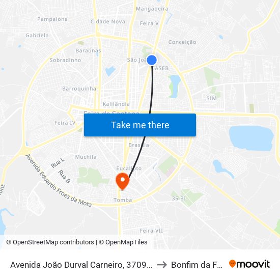 Avenida João Durval Carneiro, 3709-3727 to Bonfim da Feira map