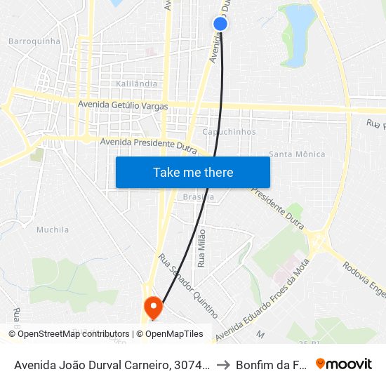 Avenida João Durval Carneiro, 3074-3100 to Bonfim da Feira map