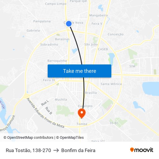 Rua Tostão, 138-270 to Bonfim da Feira map