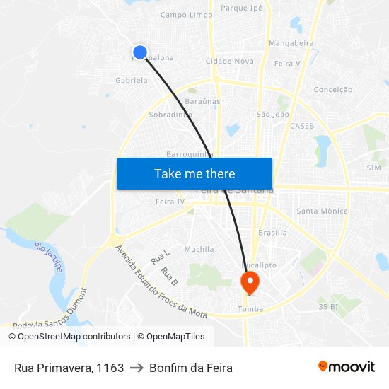 Rua Primavera, 1163 to Bonfim da Feira map