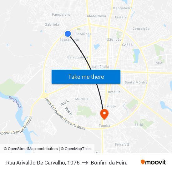 Rua Arivaldo De Carvalho, 1076 to Bonfim da Feira map