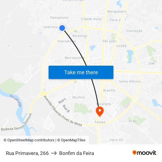 Rua Primavera, 266 to Bonfim da Feira map