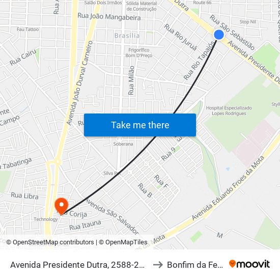 Avenida Presidente Dutra, 2588-2636 to Bonfim da Feira map