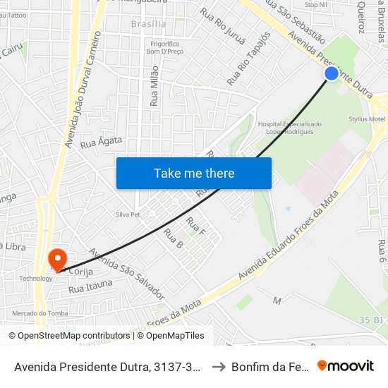 Avenida Presidente Dutra, 3137-3161 to Bonfim da Feira map