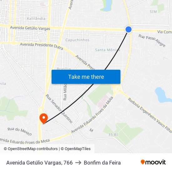 Avenida Getúlio Vargas, 766 to Bonfim da Feira map