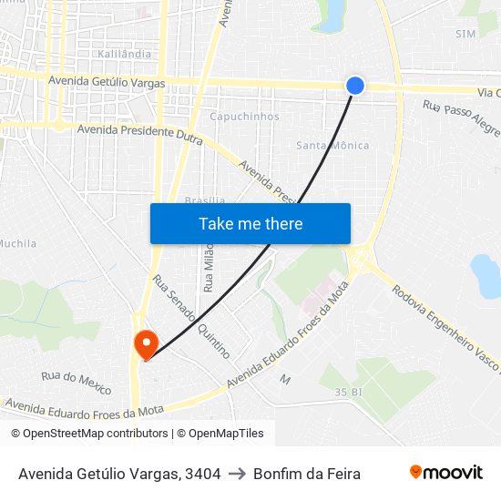 Avenida Getúlio Vargas, 3404 to Bonfim da Feira map