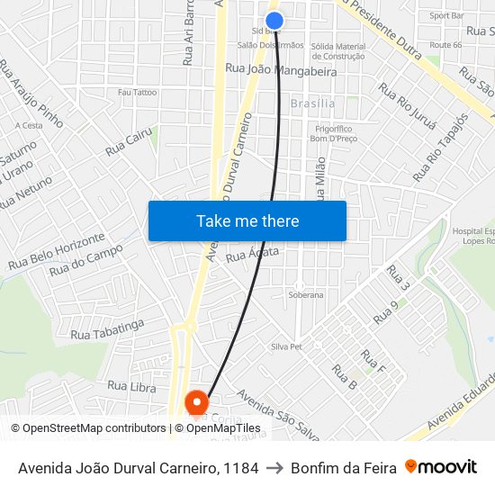 Avenida João Durval Carneiro, 1184 to Bonfim da Feira map