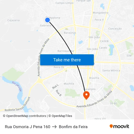 Rua Osmoria J Pena 160 to Bonfim da Feira map