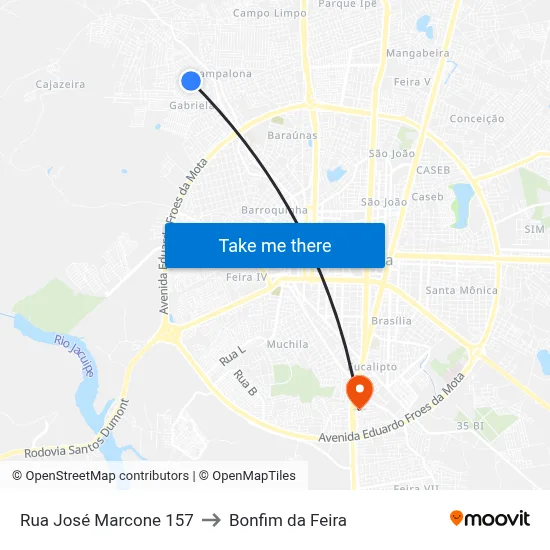 Rua José Marcone 157 to Bonfim da Feira map