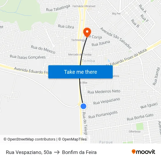 Rua Vespaziano, 50a to Bonfim da Feira map