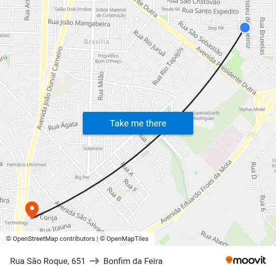 Rua São Roque, 651 to Bonfim da Feira map