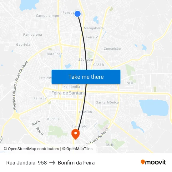 Rua Jandaia, 958 to Bonfim da Feira map