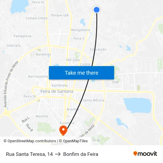 Rua Santa Teresa, 14 to Bonfim da Feira map