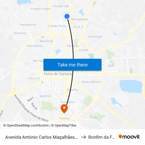 Avenida Antônio Carlos Magalhães, 1333 to Bonfim da Feira map