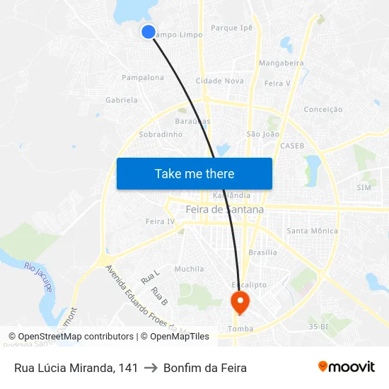 Rua Lúcia Miranda, 141 to Bonfim da Feira map