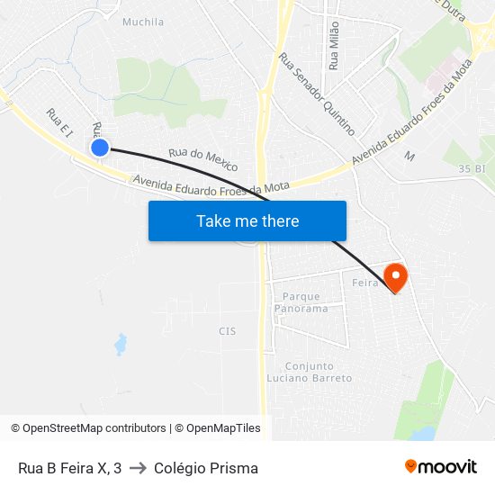 Rua B Feira X, 3 to Colégio Prisma map