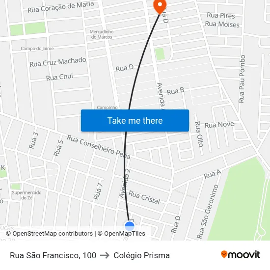 Rua São Francisco, 100 to Colégio Prisma map