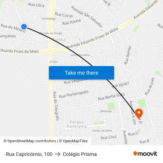 Rua Capricórnio, 100 to Colégio Prisma map